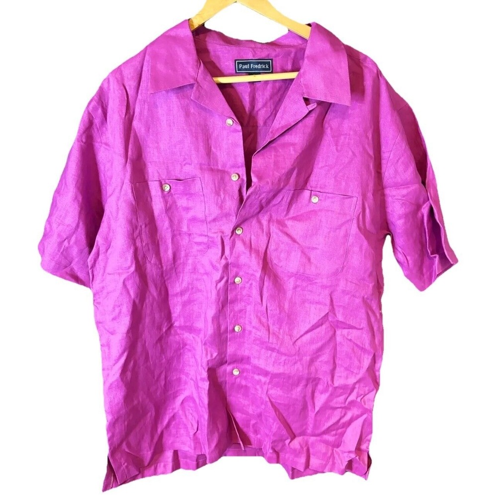 Mens Linen Button Down Casual Solid Purple Pink Hawaiian Shirt XL